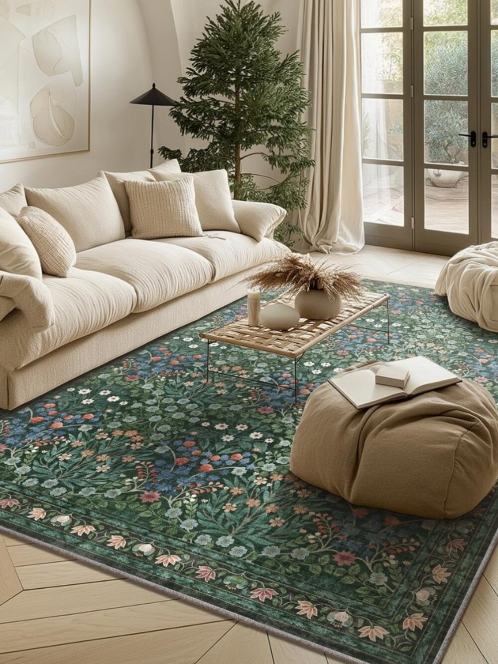 Floral Dark Green Area Rugs 5x7, Soft Washable Non-Slip Low Pile Boho Rugs for